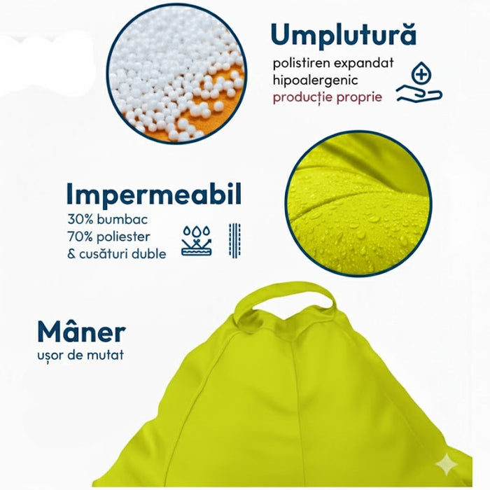 Puff fotel, körte típusú, neonsárga, polisztirol gyöngyökkel töltve, levehető huzat, Babtáska Montana