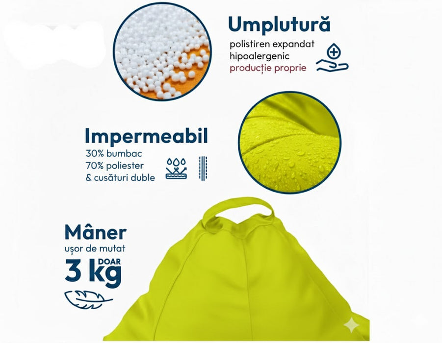 Fotoliu puf, tip pară, galben neon, umplut cu perle din polistiren, husă detașabilă, Bean Bag Montana