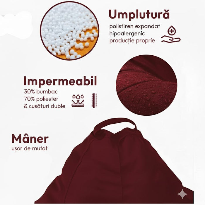 Puff fotel, körte típusú, gesztenyebarna, polisztirol gyöngyökkel töltve, bel- és kültéren használható, levehető huzat, Babzsák Montana