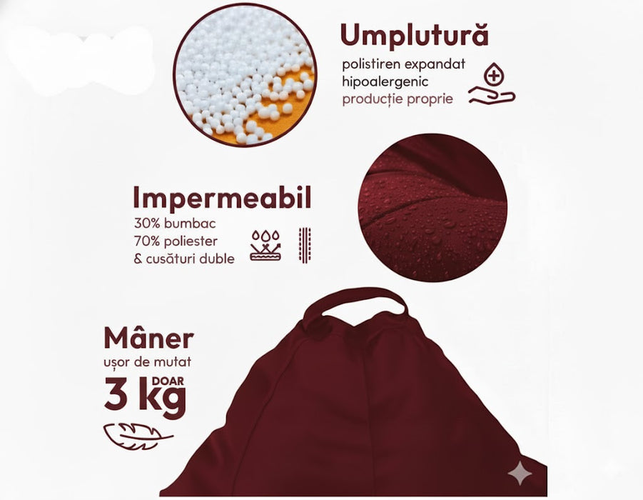 Fotoliu puf, tip pară, visiniu, umplut cu perle din polistiren, utilizabil în interior/exterior, husă detașabilă, Bean Bag Montana