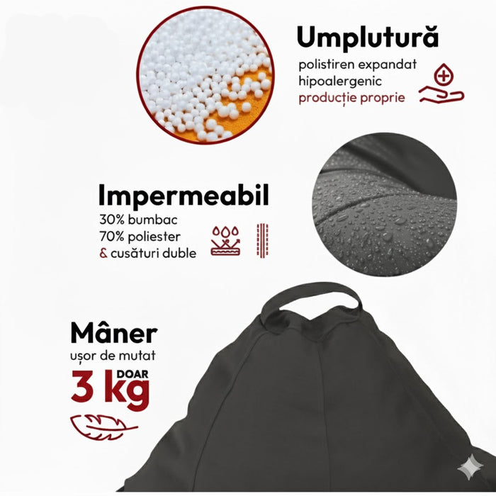 Fotoliu puf, tip pară, gri, umplut cu perle din polistiren, husă detașabilă, Bean Bag Montana