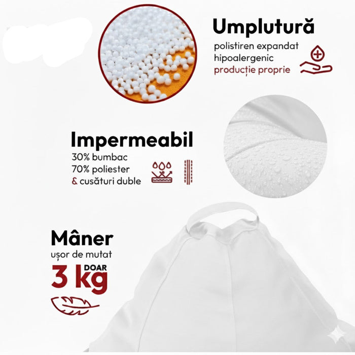 Puff fotel, körte típusú, fehér, polisztirol gyöngyökkel töltve, bel- és kültéren használható, levehető huzat, Babzsák Montana