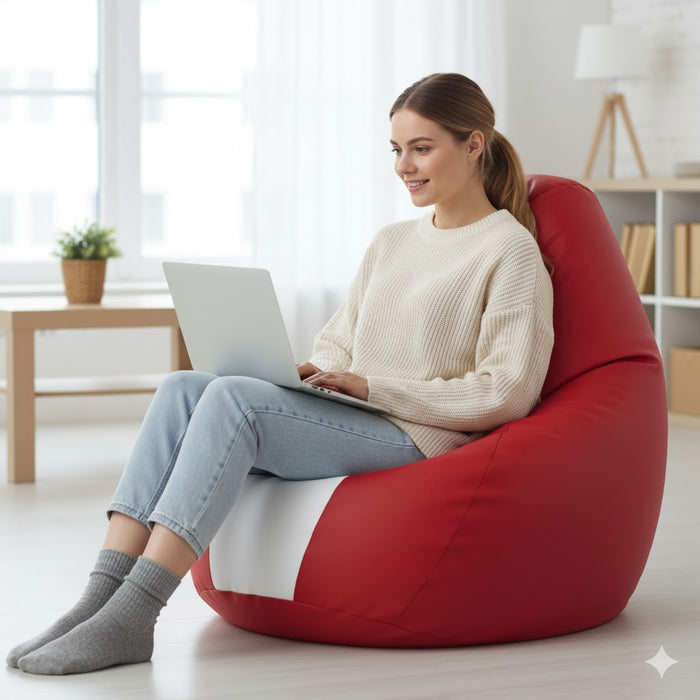 Fotoliu puf, tip pară, alb și roșu, umplut cu perle din polistiren, utilizabil în interior/exterior, husă detașabilă, Bean Bag Montana
