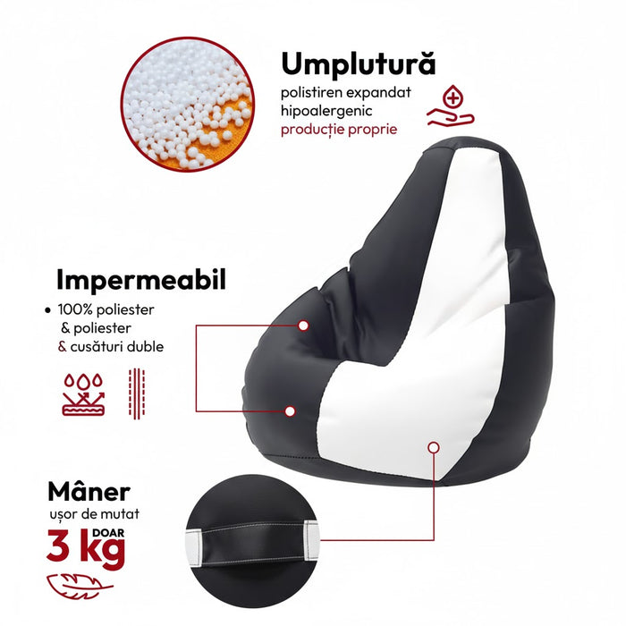 Fotoliu puf, tip pară, alb și negru, umplut cu perle din polistiren, utilizabil în interior/exterior, husă detașabilă, Bean Bag Montana