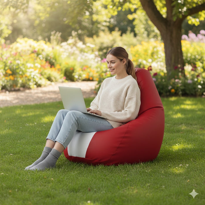 Fotoliu puf, tip pară, alb și roșu, umplut cu perle din polistiren, utilizabil în interior/exterior, husă detașabilă, Bean Bag Montana
