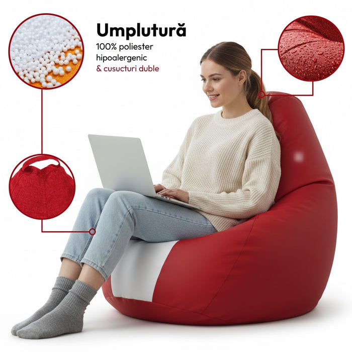 Fotoliu puf, tip pară, alb și roșu, umplut cu perle din polistiren, utilizabil în interior/exterior, husă detașabilă, Bean Bag Montana