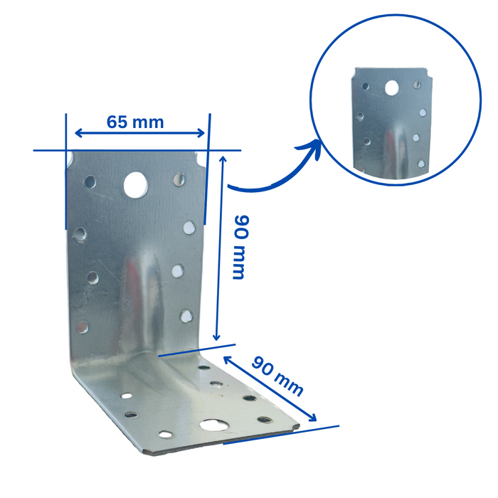 50 db perforált sarok készlet Vinclu fához, 90 fok, 4n típus, horganyzott, 90 x 90 x 65 mm (vastagság 2 mm)