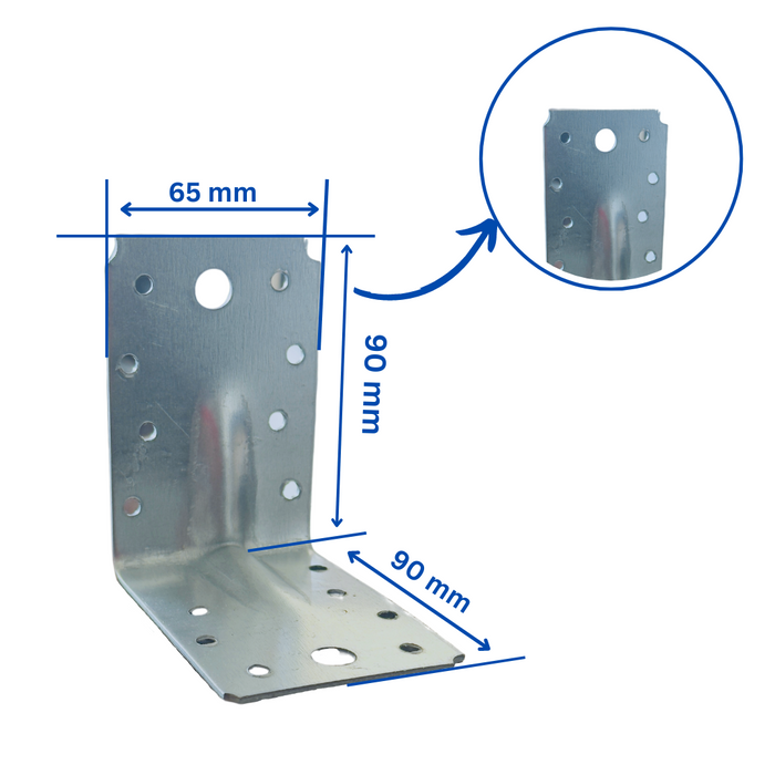 Set 10 coltar perforat pentru lemn Vinclu, 90 grade, tip 4n, zincat, 90 x 90 x 65 mm (𝗚𝗿𝗼𝘀𝗶𝗺𝗲  𝟮𝗺𝗺 )